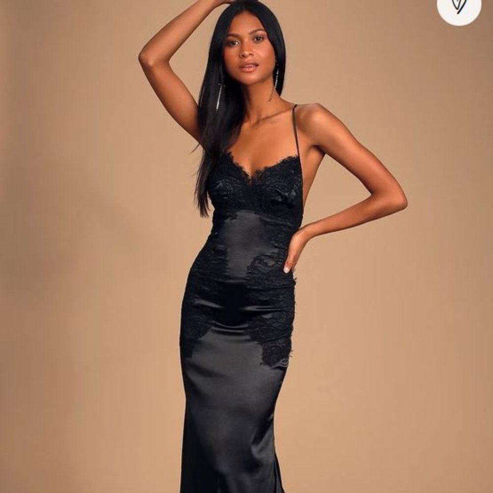 NWT: Fantasy Come True Black Lace Satin Lace-Up Maxi Dress